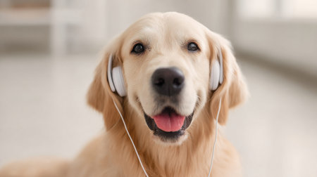 A dog wearing headphones is smiling and looking at the camera. The dog appears to be enjoying the music it is listening toの素材