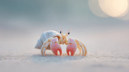A small crab is standing on the sand with its shell open. The crab is pink and white in colorの素材