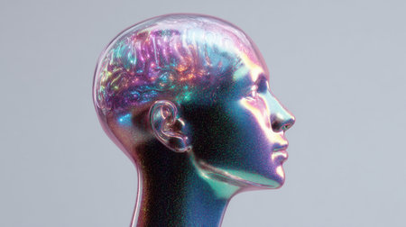 A person's head is covered in a shiny, colorful, and glowing substance. The head is surrounded by a bright, shimmering aura that seems to be made of tiny, sparkling particlesの素材