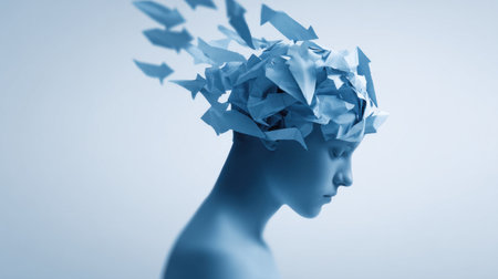 A woman's head is shown with a lot of paper cutouts. The paper cutouts are scattered all over the head, giving the impression of a chaotic and disordered mind. Concept of confusion and disorderの素材