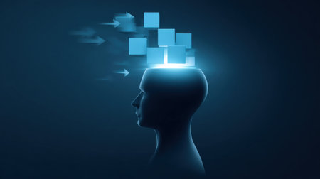 A head with a blue background and a bunch of blue blocks. The blocks are arranged in a way that they look like arrowsの素材