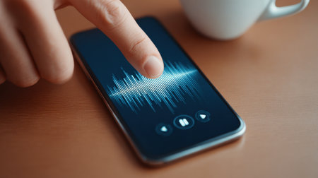 A person is using their phone to play music, and they are pointing at the screen to indicate which song they want to listen toの素材