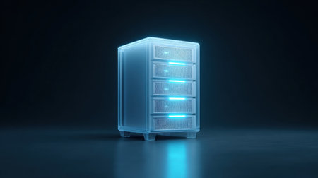 A blue and white computer tower with a blue light on top. The tower is made of clear plastic and has a blue light on topの素材