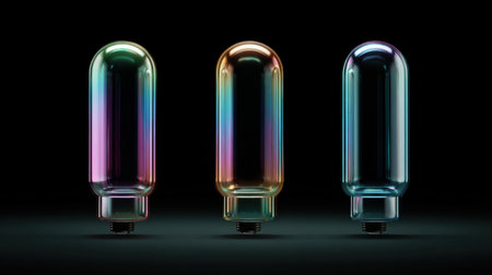 Three colorful glass tubes with a metallic finish. The tubes are arranged in a row, with the middle one being the tallest. The tubes are all different colors, with the left one being blueの素材