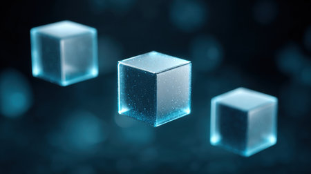 Three cubes are shown in a blue color. The cubes are made of glass and are floating in the air. The cubes are arranged in a way that they appear to be connected to each otherの素材