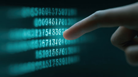 A hand is pointing at a screen with a series of numbers. The numbers are in a blue color and are arranged in rows. Concept of focus and concentration as the hand is directed towards the numbersの素材