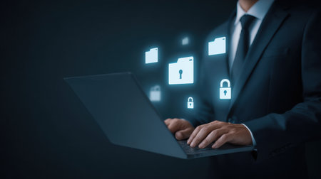 A man is typing on a laptop with a lot of security icons on the screen. The man is wearing a suit and tie, which suggests that he is in a professional settingの素材
