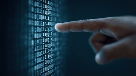 A hand pointing at a black screen with a lot of numbers. Concept of focus and precision, as the finger is directed towards the numbersの素材