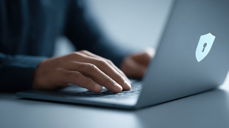 A person is typing on a laptop with a blue shield on the screen. The shield has a key on it, which suggests that the person is working on something related to security or encryptionの素材