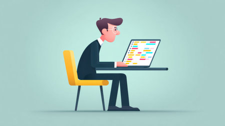 A man is sitting at a table with a laptop in front of him. He is wearing glasses and a suit. Concept of focus and productivity as the man works on his laptopの素材