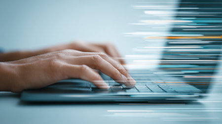 A person is typing on a laptop with a blurred background. Concept of motion and energy, as if the person is in the midst of a fast-paced work or creative projectの素材