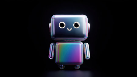 A robot with a smile on its face is standing in front of a black background. The robot is made of shiny, colorful plastic and he is a toy. Scene is cheerful and playfulの素材