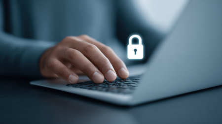 A person is typing on a laptop with a padlock icon on the screen. Concept of security and privacy, as the padlock symbolizes protection of sensitive informationの素材
