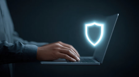 A person is typing on a laptop with a glowing shield on the screen. Concept of security and protection, as the shield is lit up and he is guarding the laptopの素材