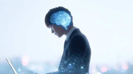 A man is sitting in front of a laptop with a brain on the screen. Concept of intelligence and focus, as the man is likely working on a project or task that requires deep thought and concentrationの素材