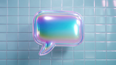 A colorful, glowing bubble shaped like a speech bubble. The bubble is floating above a blue tile wallの素材