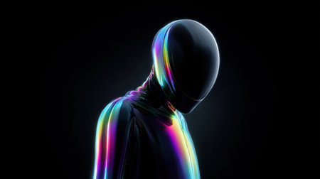 A man in a colorful suit is standing in front of a black background. The suit is made of a shiny material that reflects light, giving the impression of a futuristic or sci-fi characterの素材