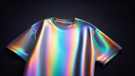 A shirt with a rainbow design on it. The shirt is made of a shiny material and is hanging on a wallの素材