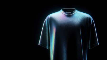 A shirt with a rainbow pattern is displayed in a black background. The shirt is made of a shiny material and has a futuristic look to itの素材