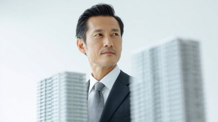 A man in a suit and tie is looking at a building in the distance. Concept of ambition and determination, as the man is focused on his goals and aspirationsの素材