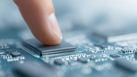 A finger is touching a computer chip. Concept of curiosity and exploration, as if the finger is trying to understand the inner workings of the chip. The blue background adds a sense of depthの素材