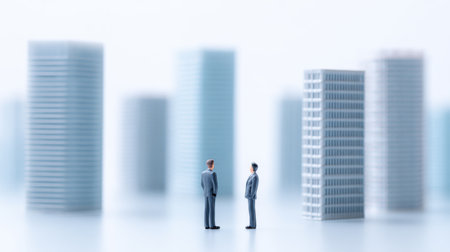 Two men in suits are standing in front of a city skyline. Scene is serious and professional, as the men are dressed in business attire and appear to be discussing important mattersの素材