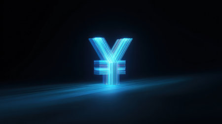 A blue letter Y is lit up in a dark background. The image has a futuristic and abstract feel to itの素材