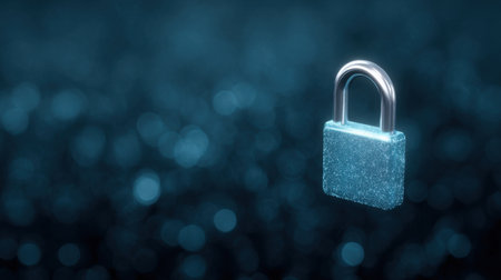 A blue lock with a silver handle is floating in the air. The lock is surrounded by a blurry background, giving the impression of a dream or a surreal sceneの素材