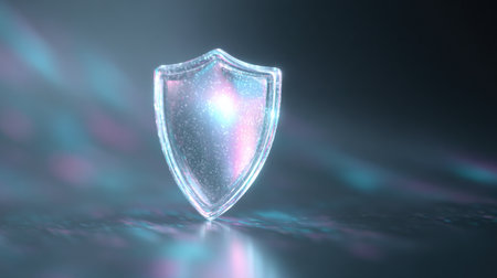 A clear, shiny, and colorful shield is displayed on a dark background. The shield appears to be a symbol of protection or security, and its bright colorsの素材