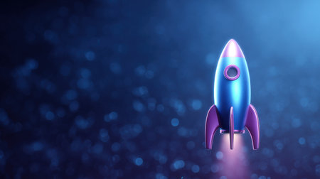 A blue and purple rocket is flying through the sky. The rocket is the main focus of the image, and it is in motion. The blue and purple colors of the rocket create a sense of excitement and wonderの素材