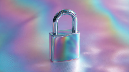 A silver lock with a rainbow colored background. The lock is sitting on a purple background. The lock is shiny and metallicの素材