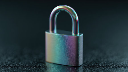 A colorful lock with a silver handle sits on a black surface. The lock is made of metal and has a rainbow-colored design. The lock appears to be a decorative piece rather than a functional oneの素材