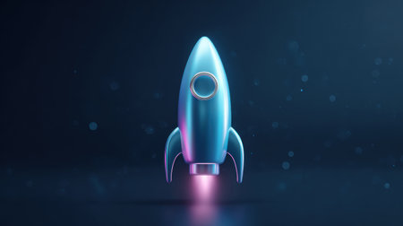 A blue rocket is flying through the sky. The rocket is lit up with a bright light, giving it a sense of motion and excitement. The image conveys a feeling of adventure and explorationの素材