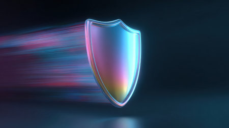 A colorful shield is shown in motion, with a blue and purple hue. The shield appears to be a symbol of protection or defenseの素材