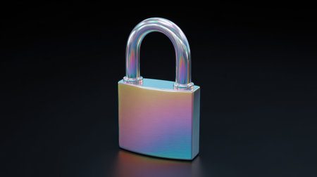 A colorful lock with a rainbow colored handle. The lock is on a black backgroundの素材