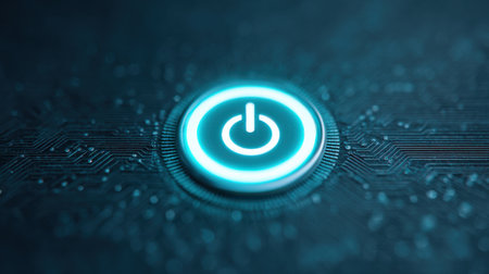 A blue button with a white circle on it. The button is glowing and he is a power buttonの素材