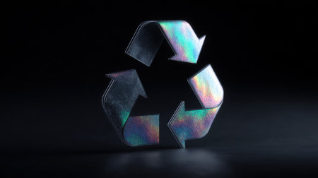 A rainbow-colored recycling symbol is shown on a black background. Concept of environmental awareness and the importance of recycling. The use of vibrant colorsの素材