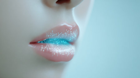 A woman's lips are painted with blue and white patterns. The lips are very prominent in the image, and the patterns are intricate and detailed. Scene is artistic and creativeの素材