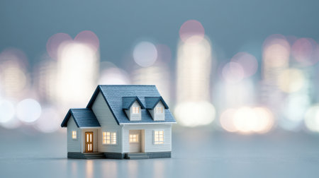 A small white house is sitting on a table in front of a city skyline. The house is surrounded by a blurry background, giving the impression of a dreamy, peaceful sceneの素材