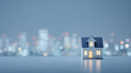 A small white house is sitting on a table in front of a city skyline. The house is lit up, giving it a warm and inviting appearance. The cityscape in the background adds a sense of depthの素材