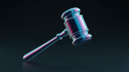 A blue and silver gavel is shown on a dark background. The gavel is a symbol of authority and power, and its blue and silver colors give it a sense of importance and gravitasの素材