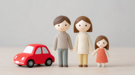 A family of three, a man and two children, stand in front of a red car. The car is a toy and the family is posed as if they are posing for a picture. Scene is happy and playfulの素材
