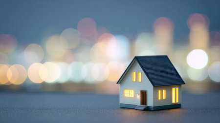 A small house is lit up at night, with the lights shining on its roof. The house is surrounded by a cityscape, with lights from the buildings and street lamps illuminating the areaの素材