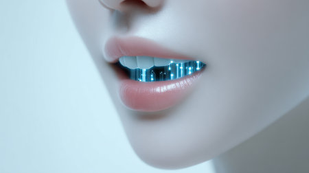 A woman's mouth is lit up with blue lights. The image is a futuristic, sci-fi lookの素材