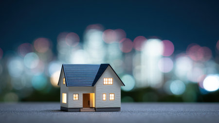 A small house is sitting on a concrete surface in front of a city skyline. The house is lit up, giving it a warm and inviting appearance. The contrast between the small houseの素材
