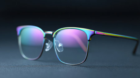 A pair of colorful glasses with a purple frame. The glasses are on a black surfaceの素材