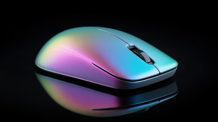 A colorful mouse with a rainbow design on it. The mouse is sitting on a black surface. The colors of the mouse are vibrant and eye-catching, making it stand out against the dark backgroundの素材