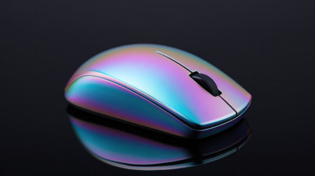 A rainbow colored computer mouse is sitting on a black surface. The mouse is colorful and stands out against the dark backgroundの素材