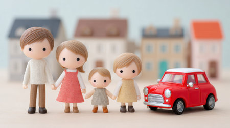 A family of four is standing in front of a red car. The car is a Mini Cooper. The family is holding hands and he is posing for a picture. The scene has a warm and friendly atmosphereの素材