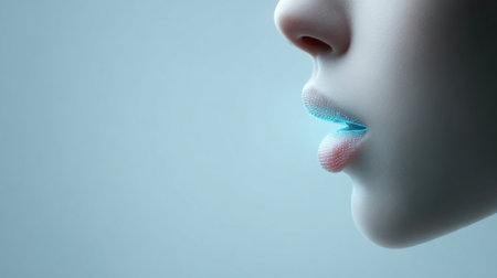 A woman's face with blue lips and a blue background. The lips are painted with a blue and purple colorの素材